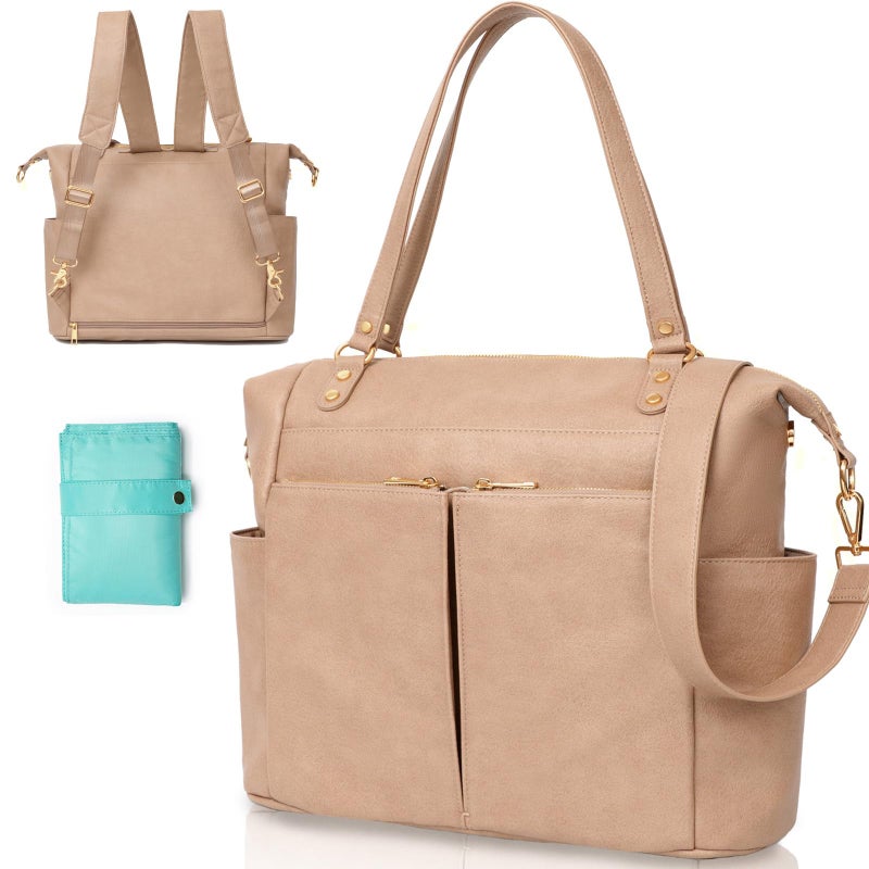 MOMINSIDE Diaper Bag Tote, Leather Diaper Bag Backpack with 14 Pockets, Convertible Baby Bag for Boys Girls, Baby Registry, Changing Pad, Large 4 Insulated Pockets (Camel) - Image 1